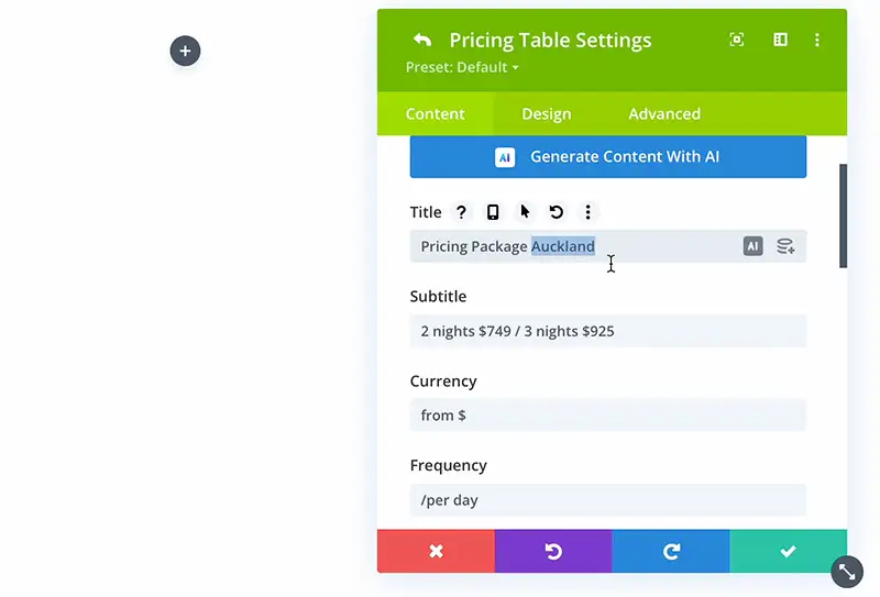 pricing table settings